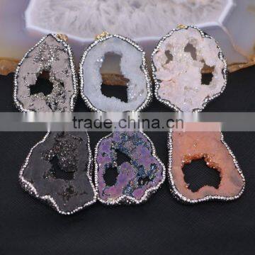 Titanium AB Agate Geode Quartz Pendants, Crystal Zircon Paved Mixed Color Gem Stone Jewelry Pendants