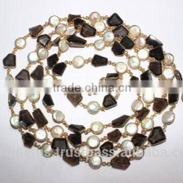 Smoky Quartz Fresh Water Pearl Fancy Bezel Setting Chain photo-5