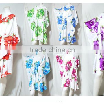 vintage thai retro HIPPIE BOHO HAWAII FLORAL Hibiscu print kimono MAXI DRESS cover up kaftan gypsy short dress white