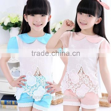 Summer hot selling cotton girls turtleneck lace suits casual girls suits