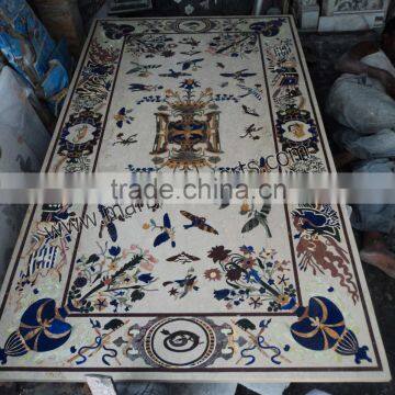 White Semi preecious stone inlaid Rectangular Marble Pietra Dura Dinning Inlay Table Top