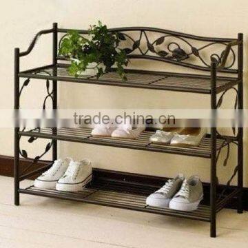 XY120007 home organizer saving space 3 tier standing shoe shelf, decorative door accessories, black metal folding shoes rack