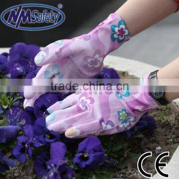 NMSAFETY EN388 13 Gauge Nylon or Polyester Liner Coated Flower Print PU Garden Gloves photo-2