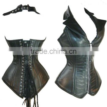 Women 16 Double steel bone leather fabrics zippered with thick rope tie belt overbust shaper corset