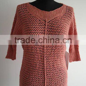 Ladies Short Sleeve Cotton&lurex Knittted Pullover Sweater