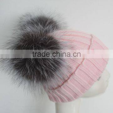 Myfur Baby Pink Wool Ribbed Knit Hat With Removable Silver Fox Fur Pom Poms photo-4