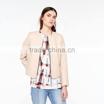 2017 Newest Simple Style Round Neck Wavy Hem Short Leather Jacket Women photo-4