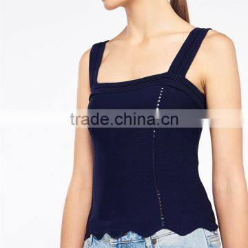 Stitched Knit Geometric Motifs Wavy Hem Wide Straps Design Tank Tops photo-4