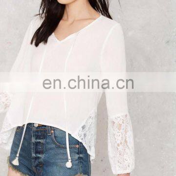 2017 New Blouse Designs White V-neck Lady Blouse With Lace Details photo-3