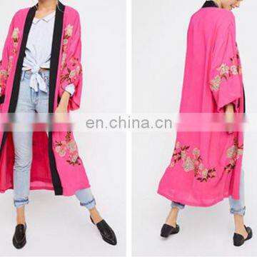 Red Long Sleeve Floral Embroidered Kimono