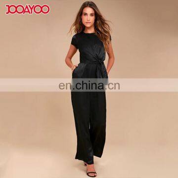 Dongguan Suppliers European Style Short Sleeve Satin Wide-leg Black Long Women One Piece Jumpsuit photo-5