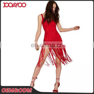 2016 V-neckline Adjustable Shoulder Straps Red Fringes Romper Sleeveless Bodycon Ladies Jumpsuit