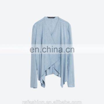 Light Blue Casual Suede Lapel Jacket , Artificial Schammy Jacket photo-5