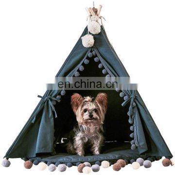 Pet Teepee House Indian Tents Wood Canvas Teepee Fold Away Pet Tent Furniture Cat Bed