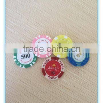 Clay poker chips in different values and colors