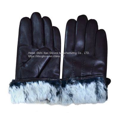 Custom Men Black Winter Warm Waterproof Fashion Sheepskin Leather Gloves With Rabbit Fur Lining photo-5