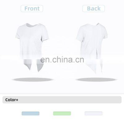 Cool Jacquard Short Sleeved T-Shirts Custom Logo Women Back Slit Yoga Summer Tank Tops photo-5