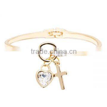 18k Goldplated Gold and Crystal Heart and Cross Charm Bangle