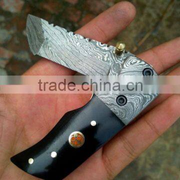 udk f35" custom handmade Damascus folding knife / pocket knife with buffalo horn and Damascus booster