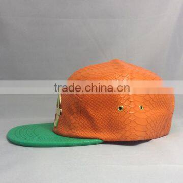 Custom Gold Metal Plate 5 Panel Hat Orange Crocodile Leather Watermelon Snapback Hats photo-4