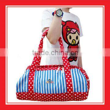 Blue Stripes Red White Dots Nylon Zippered Waterproof Barrel Duffel Sport Shoulder Bag Convenient New Design