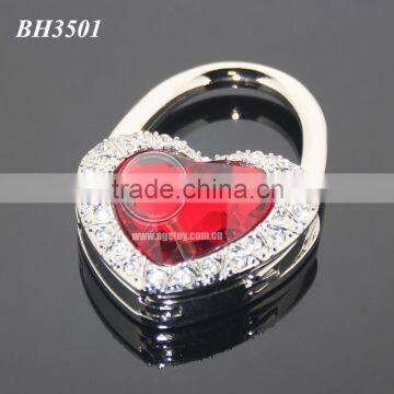 Red Crystal Heart Shaped Handbag Hooks White Rhinestones Portable Metal Folding Bag Holder Heart