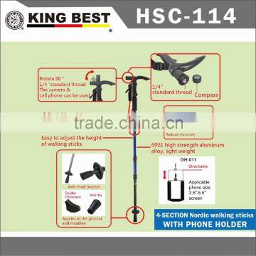 KINGBEST 2016 carbon trekking pole 4-SECTION Nordic walking sticks With Phone Holder With Compass nordic walking stick