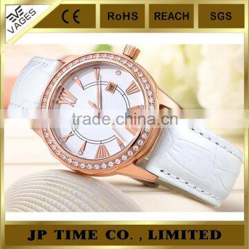 white genuine leather strap steel case Japan movement diamond quartz watch