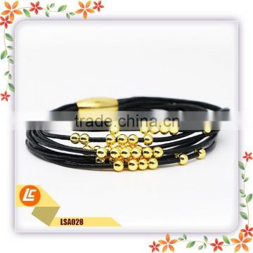 black leather cord gold beads bracelets