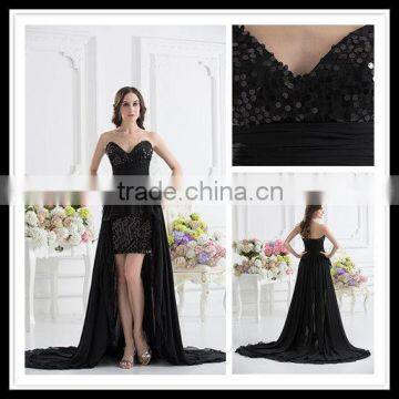 Elegant Real Sample Sweetheart A-line Black Sequins Ruffles Floor Length Beaded Prom Dress xyy07-055