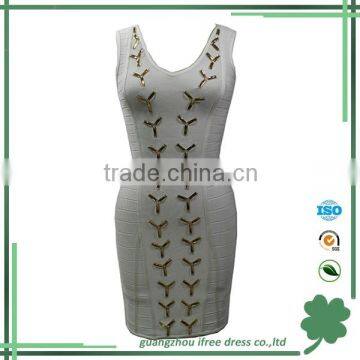 Fancy gold metal sequins white dress for women casual bandage dress