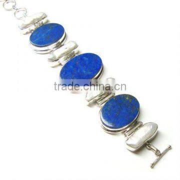 Silver biwa pearl lapis lazuli bracelet jewelry