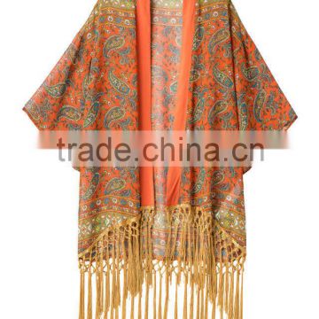 L036 Custom Design Kimono Ladies Tassels Kimono Dress With Floral Printing