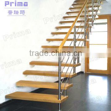 Modern wood tread stainless steel handrail L-shape staircase stairway(PR-08)