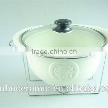 Ivory Oval Ceramic/porcelain Soup Tureen Pot Embossed With Glass Lid Metal Stand & Color Gift Box for Promotion photo-4