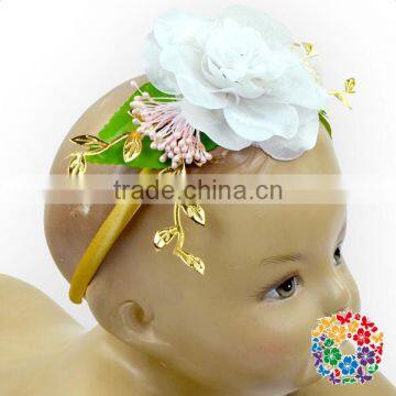 White rose flower with gold leaf U shape baby hair band with flowers