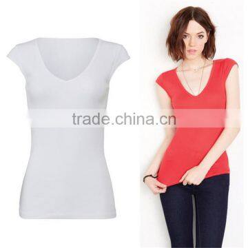 Sublimation Clothes Bulk Wholesale SHEER RIB V NECK Short Capped sleeves T-SHIRT Womens Apparel 2017