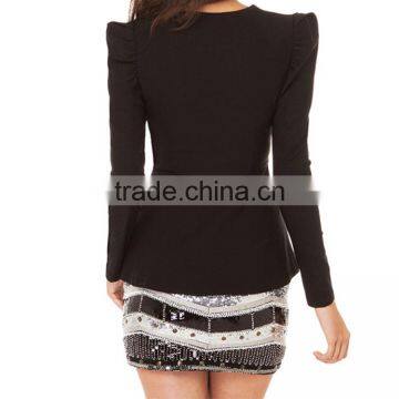 HAODUOYI Women Black Puff Sleeve Casual Style Jackets Gold Zipper Blazer photo-4