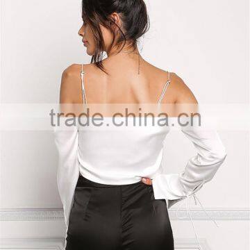 MGOO Manufacturer Custom Soft Satin Blouses Young Girl Sexy Crop Tops Off White Cold Shoulder Shirts photo-6