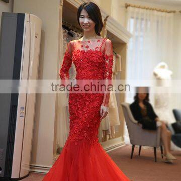 MGOO Top Selling Handmade China TraditionalWedding Dress Pearl Evening Dress Red Long Sleeve Prom Dress 2065 photo-4
