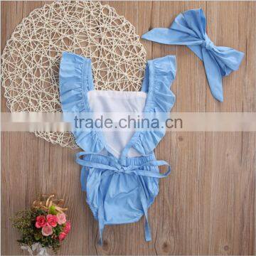 Wholesale Newborn Baby Smocked Cotton Clothes Infant Girls Plain Purple Bodysuit Baby Girls Lace Ruffle Romper photo-2