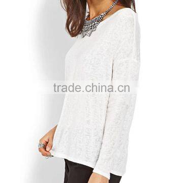 Decorative Lace Panel on Back White Blank Slub Long Sleeve Crewneck Sweater photo-2