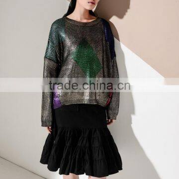 M1134 Runwaylover 2016 Latest Design Fashion Ladies Geometric Pattern Golden Gilding Loose Knitted Loose Sweater photo-5