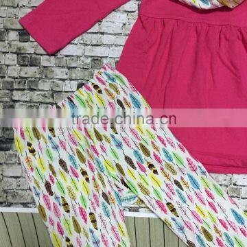 Christmas Winter Clothing Girl Kids Feather Print Pant Scarf Clothes Hot Pink Top Baby Kids Wear Set photo-4