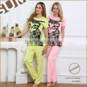 2015 wholesale custom s/s cotton cat printed design long pants fancy lady pyjamas