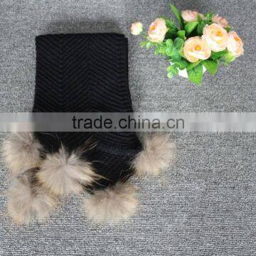 Top Adults Stylish Cable Knitting Winter Scarf With Removable Real Natural Color Raccoon Fur Pom Poms