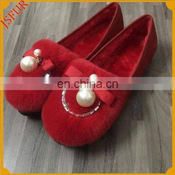 Soft Rabbit Fur Shoe With Pearl Women Winter Fur Shoes