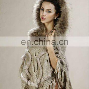 Rabbit Fur Hooded Poncho With Racoon Dog Trim STY/NO. 3083#