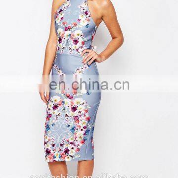 New arrival OEM service sleeveless backless bowknot printed floral elegant women evening dress