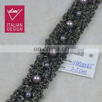 Fashion black embroidery lurex beaded pearl lace trim designs